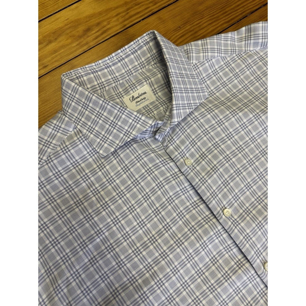 Stenstroms Mens Blue White Check Fitted Body Twofold Stretch Cotton Shirt 19 48